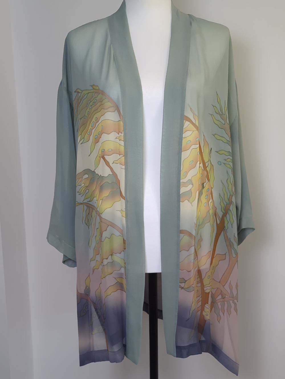 NWT Simply Silk Kimono Jacket Duster Sheer Mint Green Leaf Botanical Painted OS